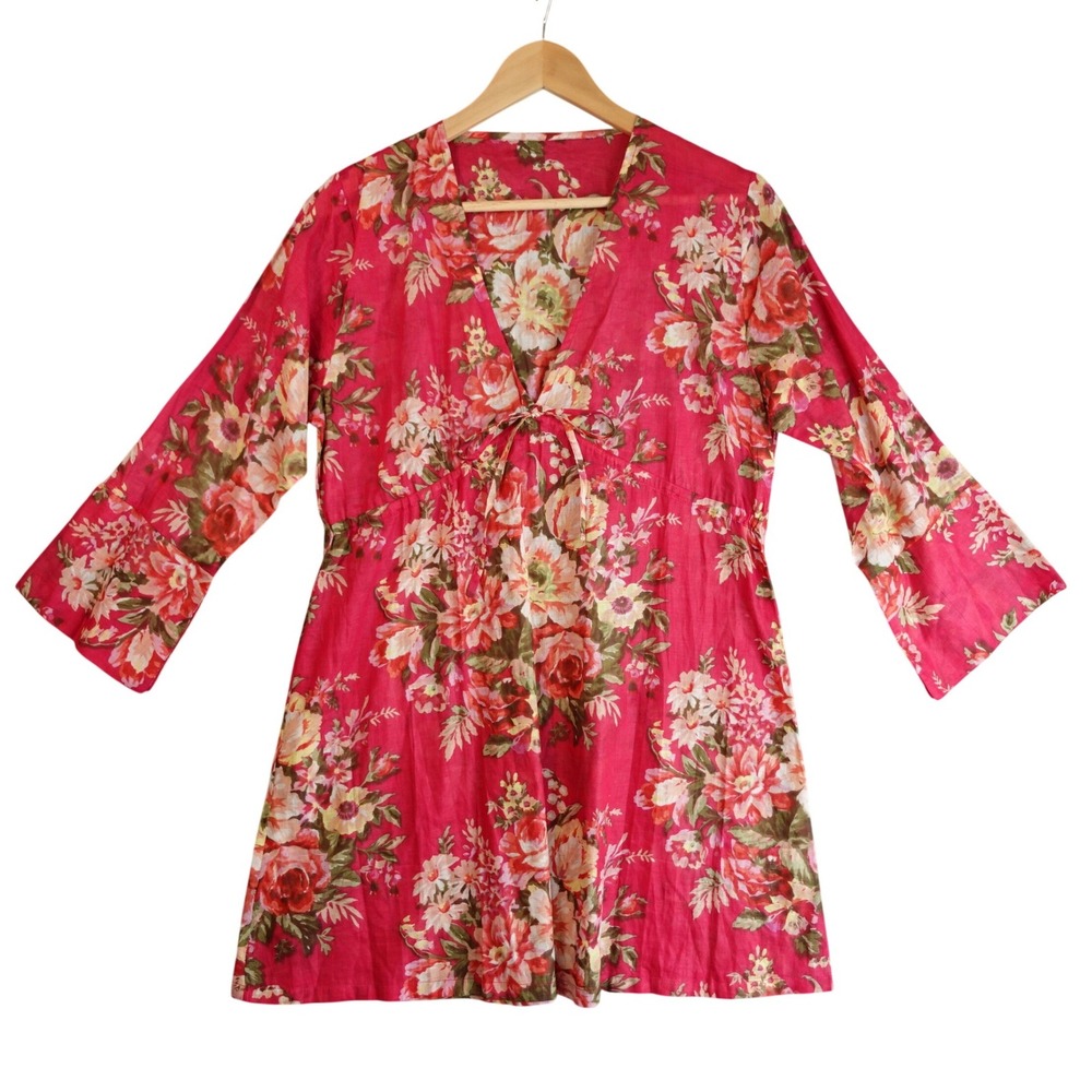 Pink Floral‎ Boho Mini Dress Tunic Womens M Cotton Sheer Gauzy Cottage Cover Up